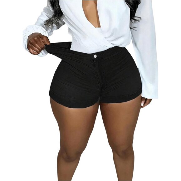 Black Women's High Waist Denim Shorts Straight Leg Roll Up Hem Button Jean